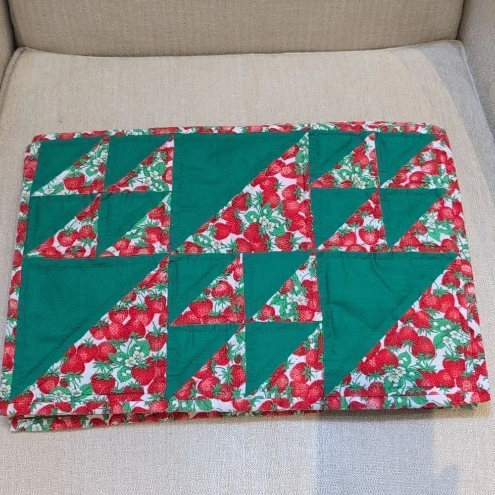 Vintage Hand Stitched Quilted Strawberry Placemats Set of 4